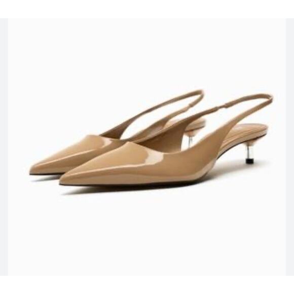 Zara Shoes - Zara Slingback Kitten Heels Patent Nude Pointed Toe Size 9 US